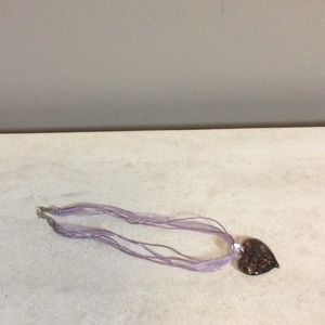 8” purple ribbon strand necklace with purple resin heart drop